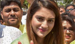 North 24 Parganas: Bengali film actress and TMC candidate for Basirhut parliamentary seat, Nusrat Jahan, shows the victory sign before filing her nomination papers at Barasat in North 24 Parganas district.(PTI) North 24 Parganas: Bengali film actress and TMC candidate for Basirhut parliamentary seat, Nusrat Jahan, shows the victory sign before filing her nomination papers at Barasat in North 24 Parganas district.(PTI)