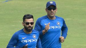 File image of Indian captain Virat Kohli, left, with MS Dhoni, right warm up during a practice session.(AP) File image of Indian captain Virat Kohli, left, with MS Dhoni, right warm up during a practice session.(AP)