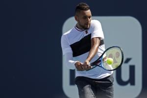 Mar 26, 2019; Miami Gardens, FL, USA; Nick Kyrgios of Australia hits a backhand against Borna Coric of Croatia (not pictured) in the fourth round of the Miami Open at Miami Open Tennis Complex. Mandatory Credit: Geoff Burke-USA TODAY Sports(USA TODAY Sports) Mar 26, 2019; Miami Gardens, FL, USA; Nick Kyrgios of Australia hits a backhand against Borna Coric of Croatia (not pictured) in the fourth round of the Miami Open at Miami Open Tennis Complex. Mandatory Credit: Geoff Burke-USA TODAY Sports(USA TODAY Sports)
