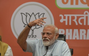 In his first appearance at a press conference since he came to power in 2014, Prime Minister Narendra Modi asserted in opening remarks that the BJP will come back to power with a full majority on its own, but refused to take any questions, citing party discipline.(Mohd Zakir/HT)