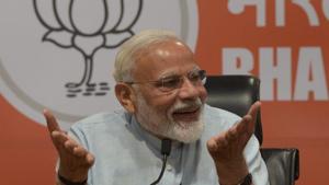 PM Modi at the BJP press briefing in Delhi on May 17, 2019 (Mohd Zakir/ HT photo)