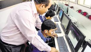 Blind students are seen working at the computer training unit at the college campus.(SANKET WANKHADE/HT) Blind students are seen working at the computer training unit at the college campus.(SANKET WANKHADE/HT)
