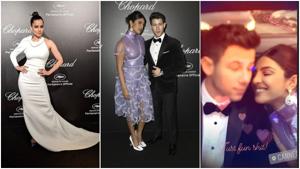 Kangana Ranaut, Priyanka Chopra and Nick Jonas at Chopard party in Cannes.(Instagram/AP) Kangana Ranaut, Priyanka Chopra and Nick Jonas at Chopard party in Cannes.(Instagram/AP)
