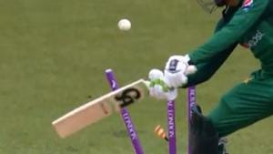 Shoaib Malik hitting the stumps with his bat.(Screenshot/ ECB Twitter) Shoaib Malik hitting the stumps with his bat.(Screenshot/ ECB Twitter)