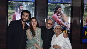 Sharmin Segal with co-star Meezaan, Sanjay Leela Bhansali and his mother. Sharmin Segal with co-star Meezaan, Sanjay Leela Bhansali and his mother.