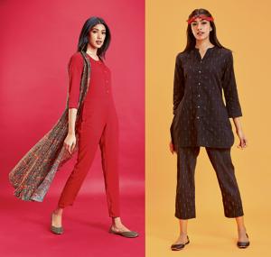 Ethnic pant suits and kurta onesies are the highlight of the season’s fusion fashion(Raisin) Ethnic pant suits and kurta onesies are the highlight of the season’s fusion fashion(Raisin)