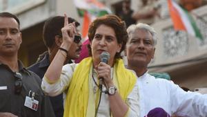 In another Bollywood reference, Priyanka Gandhi likened Modi to Asrani’s character in Bachchan-starrer Sholay.(Sameer Sehgal/HT Photo) In another Bollywood reference, Priyanka Gandhi likened Modi to Asrani’s character in Bachchan-starrer Sholay.(Sameer Sehgal/HT Photo)