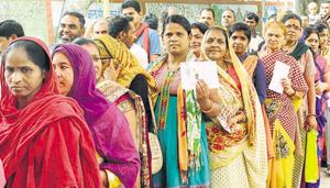 Female voters in a long queue wait outside a polling booth to cast their vote for sixth phase of Lok Sabha elections in Bhopal on April 12.(ANI) Female voters in a long queue wait outside a polling booth to cast their vote for sixth phase of Lok Sabha elections in Bhopal on April 12.(ANI)