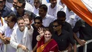 Congress President Rahul Gandhi with party General Secretary Priyanka Gandhi Vadra and other leaders wave at party supporters during a roadshow after filing his nomination papers for Lok Sabha elections, in Wayanad on April 4, 2019.(PTI) Congress President Rahul Gandhi with party General Secretary Priyanka Gandhi Vadra and other leaders wave at party supporters during a roadshow after filing his nomination papers for Lok Sabha elections, in Wayanad on April 4, 2019.(PTI)