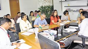 On Sunday, Naval Kishore Ram, Pune district collector, conducted a meeting with the departments concerned, including police and traffic, to review the preparedness of the officials for the counting day.(HT Photo)