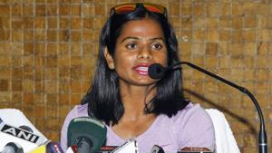 Indian sprinter Dutee Chand addresses a press conference in Bhubaneswar.(PTI) Indian sprinter Dutee Chand addresses a press conference in Bhubaneswar.(PTI)