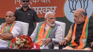 A comparison of BJP’s state-wise vote shares in the 2014 Lok Sabha, post-2014 assembly elections and the 2019 Lok Sabha elections, show that the electorate seemed to be making a conscious distinction between voting at the state level and voting at the national level.(HT Photo)