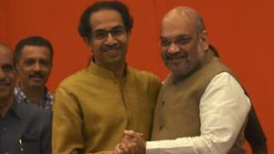 The saffron parties have been elated as Sunday’s exit polls predicted big gains for the NDA.(Vijayanand Gupta/HT Photo)