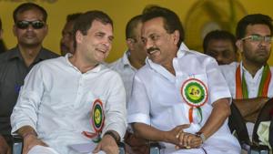 Nagercoil: Congress President Rahul Gandhi and Dravida Munnetra Kazhagam (DMK) President M K Stalin during the formal launch of United Progressive Alliance (UPA), a campaign in Tamil Nadu from the Kanyakumari parliamentary constituency, at Nagercoil, in Kanyakumari district, on Wednesday, March 13, 2019.(PTI)