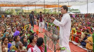 Lok Sabha Elections 2019: Congress President Rahul Gandhi addresses workers during the Mahila Workers Meeting, ahead of the fifth phase of Lok Sabha polls, at Amethi district of Uttar Pradesh.(PTI) Lok Sabha Elections 2019: Congress President Rahul Gandhi addresses workers during the Mahila Workers Meeting, ahead of the fifth phase of Lok Sabha polls, at Amethi district of Uttar Pradesh.(PTI)