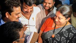 Union minister and BJP candidate from Amethi seat Smriti Irani at a counting centre for the 2019 Lok Sabha elections, in Amethi, Thursday, May 23, 2019. Irani has emerged victorious against Congress President Rahul Gandhi.(PTI)