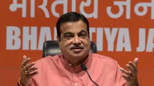 New Delhi, India - May 09, 2019: Union Minister Nitin Gadkari gestures while addressing a press conference, at Bharatiya Janata Party (BJP) headquarters, in New Delhi, India, on Thursday, May 09, 2019. (Photo by Mohd Zakir / Hindustan Times)(Mohd Zakir/HT PHOTO)