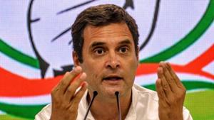 Congress president Rahul Gandhi addresses the media at the party headquarters in New Delhi .(ANI PHOTO) Congress president Rahul Gandhi addresses the media at the party headquarters in New Delhi .(ANI PHOTO)