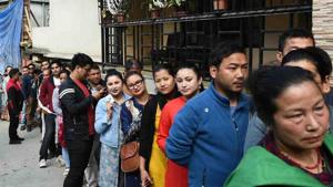 Voters standing in a queue to cast their votes, at a polling booth, during at Gangtok, Sikkim on April 11, 2019. The state is also electing a new assembly.(ANI) Voters standing in a queue to cast their votes, at a polling booth, during at Gangtok, Sikkim on April 11, 2019. The state is also electing a new assembly.(ANI)