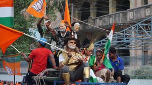 Bharatiya Janata Party (BJP) supporters celebrate after the announcement of Lok Sabha poll results, at Sigra Road, in Varanasi, Uttar Pradesh, on Thursday, May 23, 2019.(Rajesh Kumar / HT Photo) Bharatiya Janata Party (BJP) supporters celebrate after the announcement of Lok Sabha poll results, at Sigra Road, in Varanasi, Uttar Pradesh, on Thursday, May 23, 2019.(Rajesh Kumar / HT Photo)