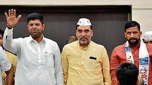 In JJP-AAP alliance, all candidates except Hisar nominee Dushyant Chautala (extreme left) lost their deposits.(HT file photo) In JJP-AAP alliance, all candidates except Hisar nominee Dushyant Chautala (extreme left) lost their deposits.(HT file photo)