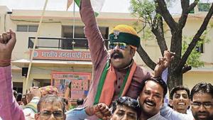 Celebrations at BJP office as the results and trends of Lok Sabha polls were pouring in on the counting day, in Jaipur(Himanshu Vyas / Hindustan Times) Celebrations at BJP office as the results and trends of Lok Sabha polls were pouring in on the counting day, in Jaipur(Himanshu Vyas / Hindustan Times)
