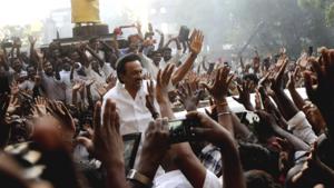 DMK president M.K. Stalin waves to his supporters after his party's victorious performance in Lok Sabha elections 2019 results in Chennai on Thursday.((ANI/ File photo)) DMK president M.K. Stalin waves to his supporters after his party's victorious performance in Lok Sabha elections 2019 results in Chennai on Thursday.((ANI/ File photo))