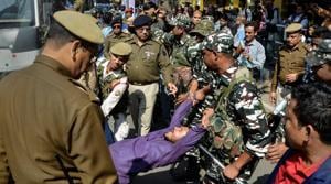 Police personnel detain members of Left Democratic Front (LDF) during a protest against Citizenship (Amendment) Bill, in Guwahati in February.(PTI FILE PHOTO) Police personnel detain members of Left Democratic Front (LDF) during a protest against Citizenship (Amendment) Bill, in Guwahati in February.(PTI FILE PHOTO)