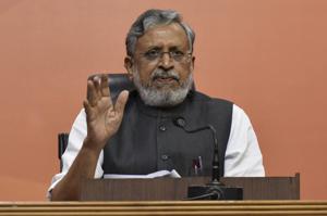 New Delhi, India - July 5, 2017: Sushil Kumar Modi BJP opposition leader in Bihar briefs the media personnel at Delhi BJP Headquarter(Vipin Kumar/HT PHOTO)