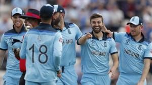 England's Mark Wood, second right celebrates after taking the wicket of Australia's captain Aaron Finch during the Cricket World Cup warm up match between England and Australia at the Rose Bowl in Southampton, England, Saturday, May 25, 2019.(AP) England's Mark Wood, second right celebrates after taking the wicket of Australia's captain Aaron Finch during the Cricket World Cup warm up match between England and Australia at the Rose Bowl in Southampton, England, Saturday, May 25, 2019.(AP)