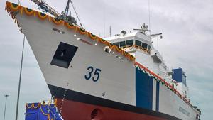 The third Coast Guard Offshore Patrol Vessel (OPV) at L&T Shipyard, Kattupalli near Chennai.(PTI File) The third Coast Guard Offshore Patrol Vessel (OPV) at L&T Shipyard, Kattupalli near Chennai.(PTI File)