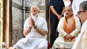 Prime Minister Narendra Modi along with BJP President Amit Shah offers prayers at Kashi Vishwanath Temple, during a visit to his parliamentary constituency Varanasi(PTI) Prime Minister Narendra Modi along with BJP President Amit Shah offers prayers at Kashi Vishwanath Temple, during a visit to his parliamentary constituency Varanasi(PTI)