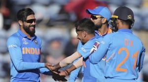 India's Ravindra Jadeja, left, celebrates with teammates the dismissal of Bangladesh's Sabbir Rahman during the Cricket World Cup warm up match between Bangladesh and India at Sophia Gardens in Cardiff, Wales, Tuesday, May 28, 2019.(AP) India's Ravindra Jadeja, left, celebrates with teammates the dismissal of Bangladesh's Sabbir Rahman during the Cricket World Cup warm up match between Bangladesh and India at Sophia Gardens in Cardiff, Wales, Tuesday, May 28, 2019.(AP)