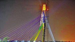 A view of illuminated Signature Bridge over Yamuna river, in New Delhi. (Photo by Sonu Mehta/ Hindustan Times) A view of illuminated Signature Bridge over Yamuna river, in New Delhi. (Photo by Sonu Mehta/ Hindustan Times)