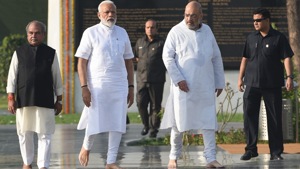 Prime Minister Narendra Modi and National BJP President Amit Shah arrive for the pays tribute at Sadaiv Atal the memorial to Bharat Ratan former Prime Minister Atal Bihari Vajpayee before being sworn in for his second term as prime minister of India today evening in New Delhi, India, Thursday, May 30, 2019.((Photo by Sonu Mehta/ Hindustan Times)) Prime Minister Narendra Modi and National BJP President Amit Shah arrive for the pays tribute at Sadaiv Atal the memorial to Bharat Ratan former Prime Minister Atal Bihari Vajpayee before being sworn in for his second term as prime minister of India today evening in New Delhi, India, Thursday, May 30, 2019.((Photo by Sonu Mehta/ Hindustan Times))