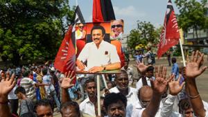 Indian members of the Dravida Munnetra Kazhagam (DMK) shout slogans and hold the portrait of party president MK Stalin as they celebrate on the results day for India's general election in Chennai on May 23, 2019. Stalin has emerged numero uno in a state after the passing away of the two iconic stalwarts, M Karunanidhi, J Jayalalithaa(AFP) Indian members of the Dravida Munnetra Kazhagam (DMK) shout slogans and hold the portrait of party president MK Stalin as they celebrate on the results day for India's general election in Chennai on May 23, 2019. Stalin has emerged numero uno in a state after the passing away of the two iconic stalwarts, M Karunanidhi, J Jayalalithaa(AFP)