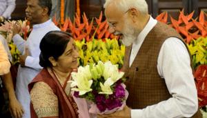Prime Minister Narendra Modi being greeted by Sushma Swaraj after being formally elected as the leader of the NDA, in a parliamentary board meeting in New Delhi on Saturday. (ANI Photo/R Raveendran)(ANI file photo) Prime Minister Narendra Modi being greeted by Sushma Swaraj after being formally elected as the leader of the NDA, in a parliamentary board meeting in New Delhi on Saturday. (ANI Photo/R Raveendran)(ANI file photo)