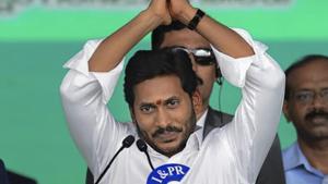 Newly elected Andhra Pradesh Chief Minister YS Jaganmohan Reddy gestures during his swearing-in ceremony, at the Indira Gandhi Municipal Stadium in Vijayawada, Thursday, May 30, 2019.(PTI) Newly elected Andhra Pradesh Chief Minister YS Jaganmohan Reddy gestures during his swearing-in ceremony, at the Indira Gandhi Municipal Stadium in Vijayawada, Thursday, May 30, 2019.(PTI)