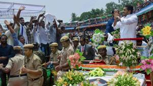 YSR Congress Party President YS Jaganmohan Reddy is greeted by his supporters as he arrives for his swearing-in ceremony, at the Indira Gandhi Municipal Stadium in Vijayawada, Thursday, May 30, 2019.(PTI) YSR Congress Party President YS Jaganmohan Reddy is greeted by his supporters as he arrives for his swearing-in ceremony, at the Indira Gandhi Municipal Stadium in Vijayawada, Thursday, May 30, 2019.(PTI)