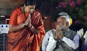 Amethi's MP-elect Smriti Irani greets Prime Minister Narendra Modi before taking oath during the swearing-in ceremony at the forecourt of Rashtrapati Bhawan, in New Delhi, India, on Thursday, May 30, 2019.(Ajay Aggarwal/HT PHOTO) Amethi's MP-elect Smriti Irani greets Prime Minister Narendra Modi before taking oath during the swearing-in ceremony at the forecourt of Rashtrapati Bhawan, in New Delhi, India, on Thursday, May 30, 2019.(Ajay Aggarwal/HT PHOTO)