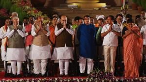 Prime Minister Narendra Modi and members of his cabinet stand for national anthem after taking oath during swearing-in ceremony, at Rashtrapati Bhavan, in New Delhi, India, on Thursday, May 30, 2019.(Ajay Aggarwal/HT PHOTO) Prime Minister Narendra Modi and members of his cabinet stand for national anthem after taking oath during swearing-in ceremony, at Rashtrapati Bhavan, in New Delhi, India, on Thursday, May 30, 2019.(Ajay Aggarwal/HT PHOTO)