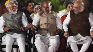 Prime Minister Narendra Modi with BJP leaders Rajnath Singh and Amit Shah before taking oath as the Prime Minister of India for the second consecutive term, at Rashtrapati Bhavan, in New Delhi, India, on Thursday, May 30, 2019.(Ajay Aggarwal/HT PHOTO) Prime Minister Narendra Modi with BJP leaders Rajnath Singh and Amit Shah before taking oath as the Prime Minister of India for the second consecutive term, at Rashtrapati Bhavan, in New Delhi, India, on Thursday, May 30, 2019.(Ajay Aggarwal/HT PHOTO)