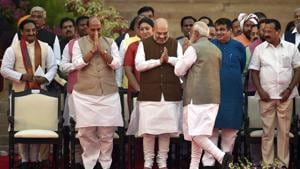 Prime Minister Narendra Modi greets Bharatiya Janata Party leaders Amit Shah, Rajnath Singh, Nitin Gadkari and others on their arrival for the swearing-in ceremony, at Rashtrapati Bhavan, in New Delhi, India, on Thursday, May 30, 2019. (Photo by Ajay Aggarwal/ Hindustan Times) Prime Minister Narendra Modi greets Bharatiya Janata Party leaders Amit Shah, Rajnath Singh, Nitin Gadkari and others on their arrival for the swearing-in ceremony, at Rashtrapati Bhavan, in New Delhi, India, on Thursday, May 30, 2019. (Photo by Ajay Aggarwal/ Hindustan Times)