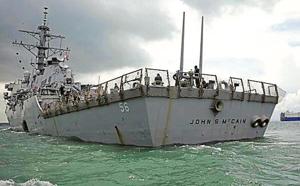 The US Navy guided-missile destroyer USS John S Mccain is seen after a collision, in Singapore waters.(REUTERS/FILE) The US Navy guided-missile destroyer USS John S Mccain is seen after a collision, in Singapore waters.(REUTERS/FILE)