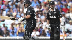 New Zealand captain Kane Williamson, right, watches as teammate Ross Taylor celebrates.(AP) New Zealand captain Kane Williamson, right, watches as teammate Ross Taylor celebrates.(AP)