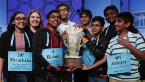This was a first for the Scripps National Spelling Bee, as the competition is officially called, which has had two-way joint winners a few times over the 94 years of its history. But eight, never.(AFP photo) This was a first for the Scripps National Spelling Bee, as the competition is officially called, which has had two-way joint winners a few times over the 94 years of its history. But eight, never.(AFP photo)