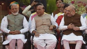 NDA elected leader Narendra Modi with BJP leaders Rajnath Singh, Amit Shah before taking oath as the Prime Minister of India, at Rashtrapati Bhavan, in New Delhi, India, on Thursday, May 30, 2019.(Ajay Aggarwal/HT PHOTO) NDA elected leader Narendra Modi with BJP leaders Rajnath Singh, Amit Shah before taking oath as the Prime Minister of India, at Rashtrapati Bhavan, in New Delhi, India, on Thursday, May 30, 2019.(Ajay Aggarwal/HT PHOTO)