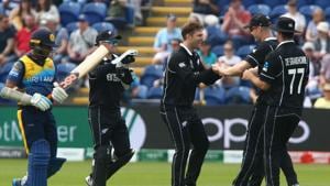 New Zealand's James Neesham (2R) celebrates after taking a catch to dismiss Sri Lanka's Jeevan Mendis (L) off the bowling of New Zealand's Lockie Ferguson (C) during the 2019 Cricket World Cup group stage match between New Zealand and Sri Lanka(AFP) New Zealand's James Neesham (2R) celebrates after taking a catch to dismiss Sri Lanka's Jeevan Mendis (L) off the bowling of New Zealand's Lockie Ferguson (C) during the 2019 Cricket World Cup group stage match between New Zealand and Sri Lanka(AFP)