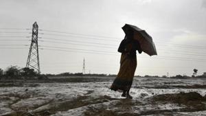 A woman walks with an umbrella in an open field during sudden rain in New Delhi(Biplov Bhuyan/HT PHOTO) A woman walks with an umbrella in an open field during sudden rain in New Delhi(Biplov Bhuyan/HT PHOTO)