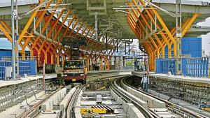 The existing Dwarka station will be connected to the new station via an 80 metre passage connecting the old station on the Blue Line (between Dwarka Sector 21 and Noida Electronic City/Vaishali) to the new line.(HT Photo) The existing Dwarka station will be connected to the new station via an 80 metre passage connecting the old station on the Blue Line (between Dwarka Sector 21 and Noida Electronic City/Vaishali) to the new line.(HT Photo)